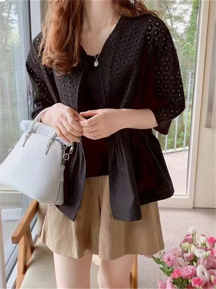 Colorfaith BL6673JM New 2024 Korean Fashion Open Stitch Shirts Cutout Vintage Women Spring Summer Elegant Lady Blouses Lady Tops