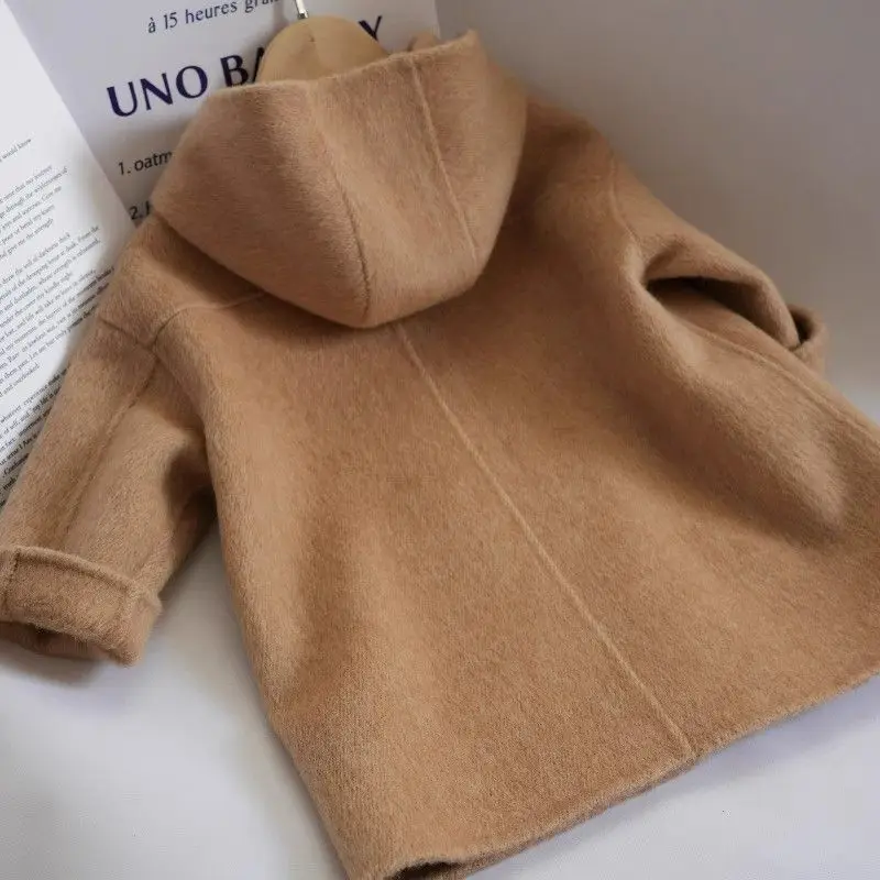 Children Clothing 23 Autumn Winter New Camel Colored Double-sided Hooded Woolen Coat Children Stylish Medium Length Woolen Coat