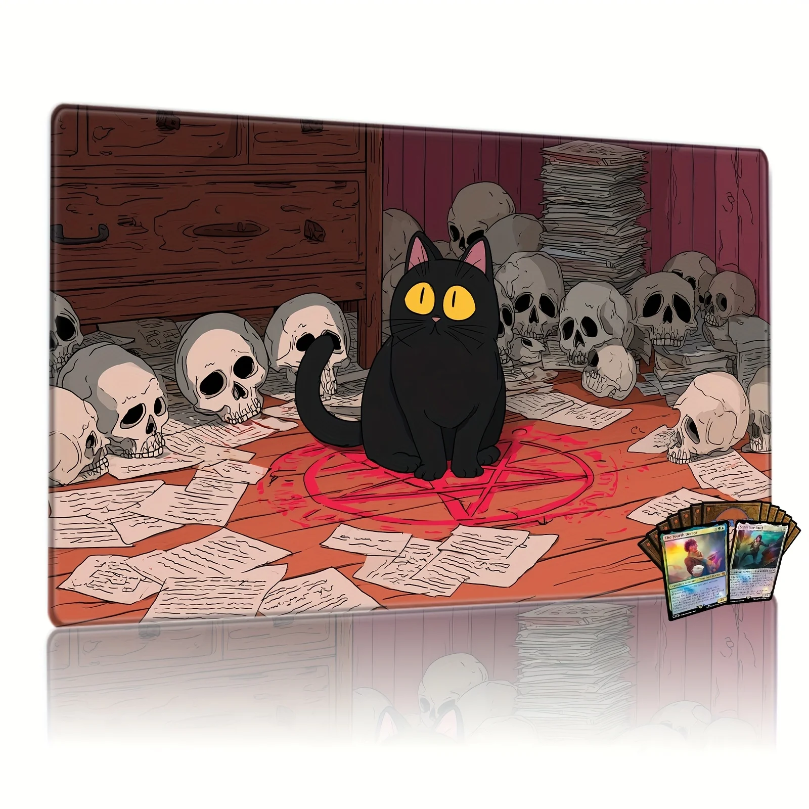 

Gothic Occult Gaming Table Mat Non-Slip Rubber Base with Cute Black Cat Pentagram Skulls Compatible Dark Fantasy Decor Desk Mat