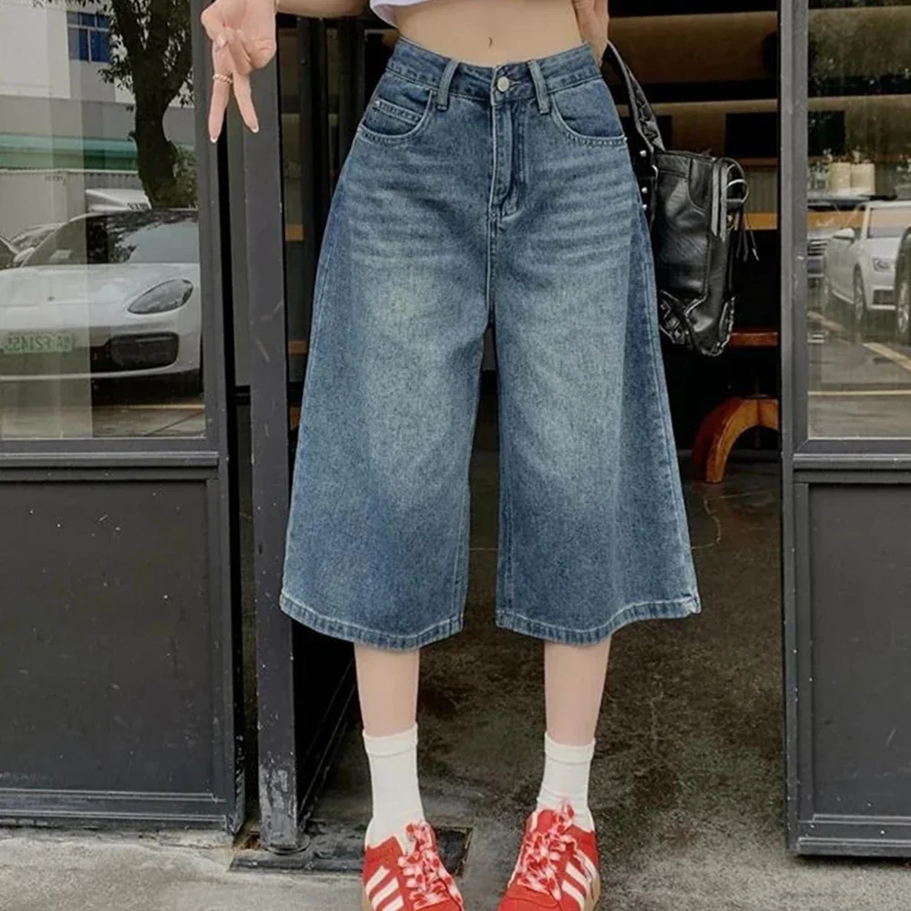 High Waist Black Retro Washed Denim Shorts Women's Harajuku Vintage Fashion Casual Loose Y2K Streetwear Mid Long Wide Leg Pants