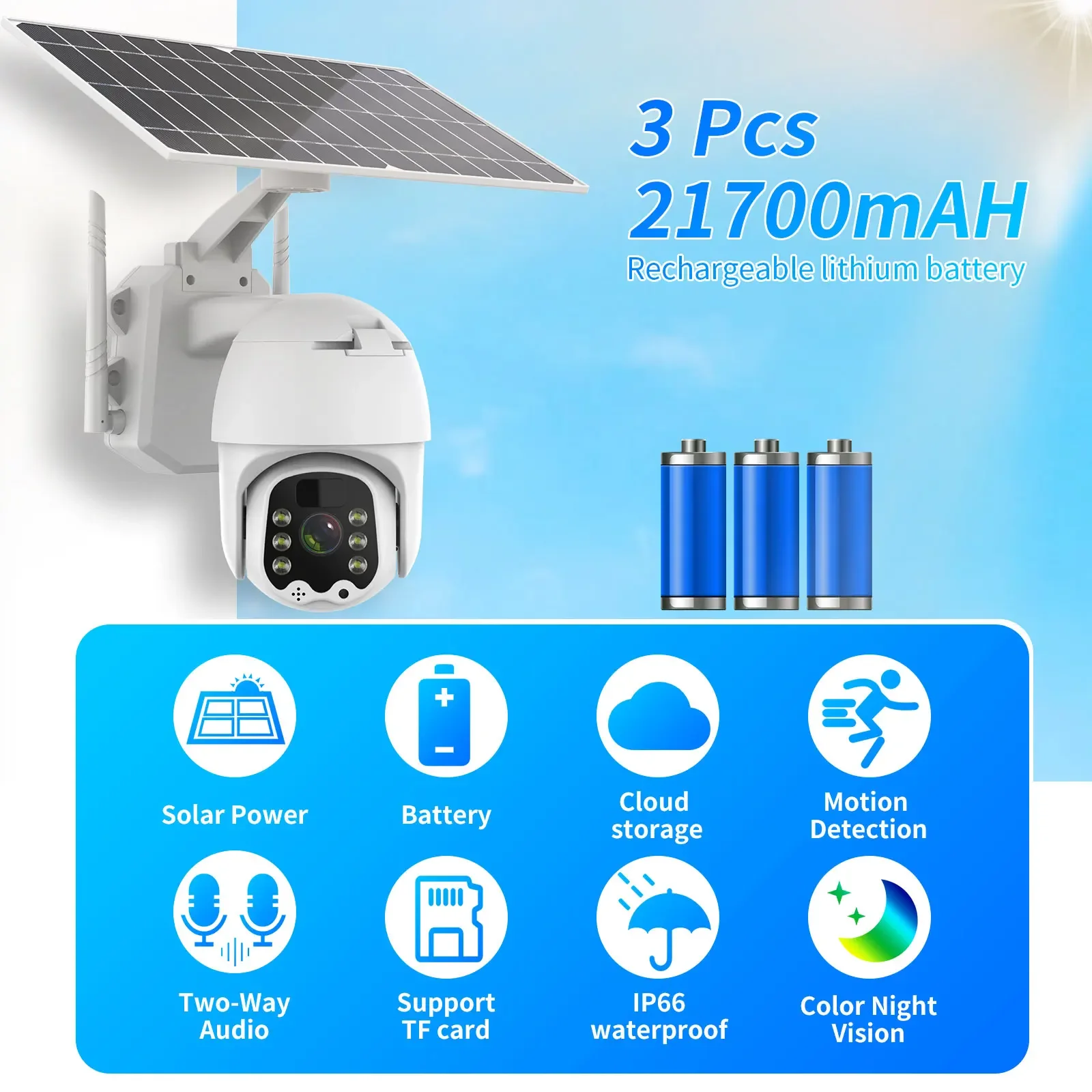 AZISHN 3MP 8W Solar Panel PTZ Camera Outdoor Two Way Audio Battery H.265 CCTV Security Surveillance 4G SIM/WIFI IP Camera