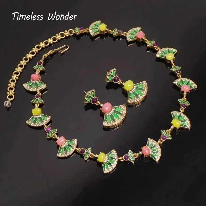 Timeless Wonder Retro Zircon Enamel Geo Fan Necklaces for Women Designer Jewelry Goth Runway Trendy Rare Gift Sweet Top Set 4526