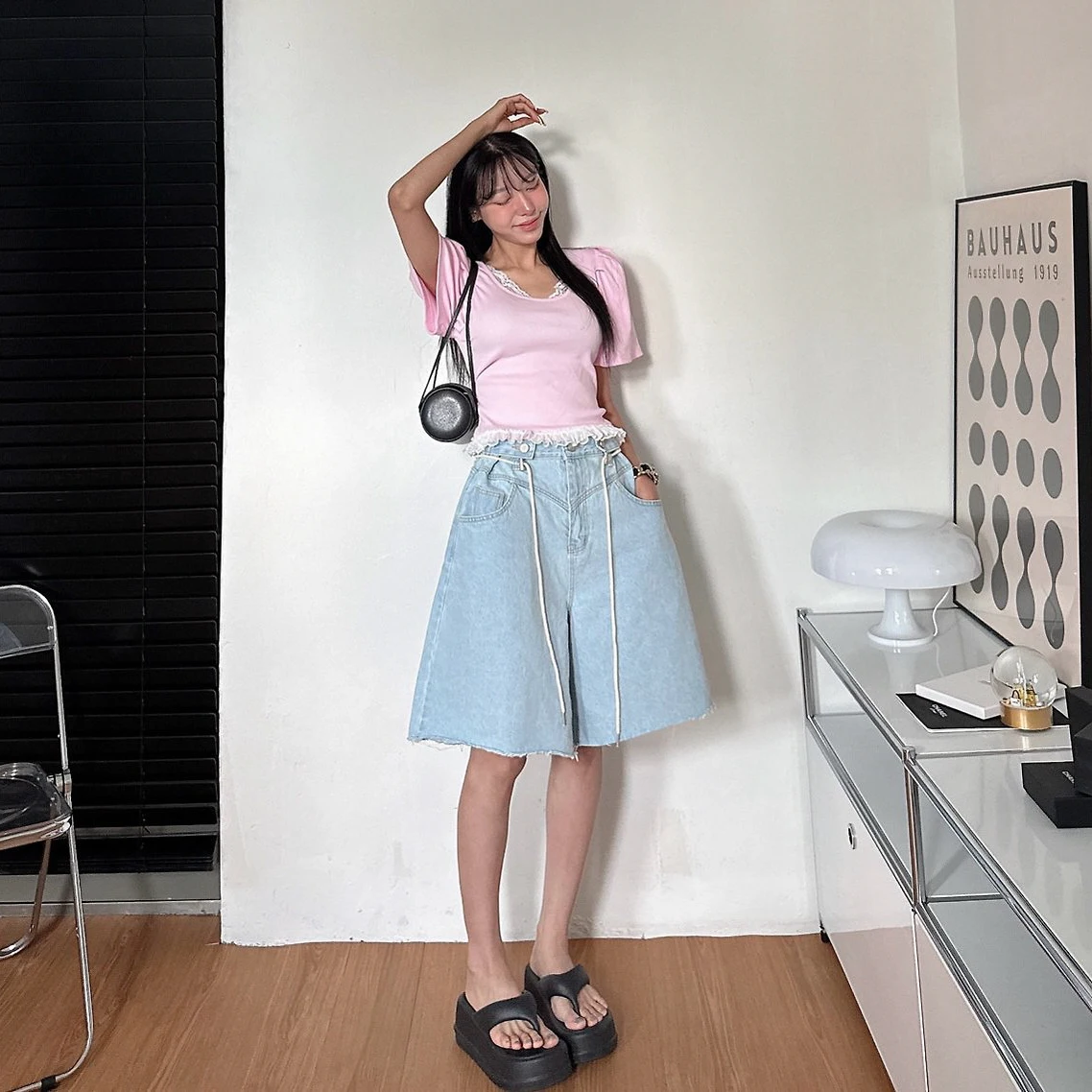 Nimo Home Denim Short Shorts Loose Wide Leg Frayed Five-Point Natural Waist Cotton Standard Fit No Stretch Summer 2026