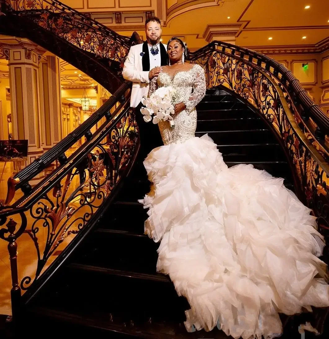 

Customize Arabic Aso Ebi Plus Size Ivory Mermaid Wedding Dress Chapel Train Long Sleeve Tiers Organza Garden Bridal Gown