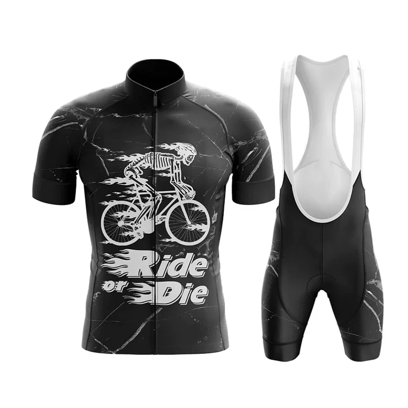 Black Cycling Apparel Set for Men, Short Sleeve Knit with Skull Pattern, Mountain Bike Uniform, Summer Jersey