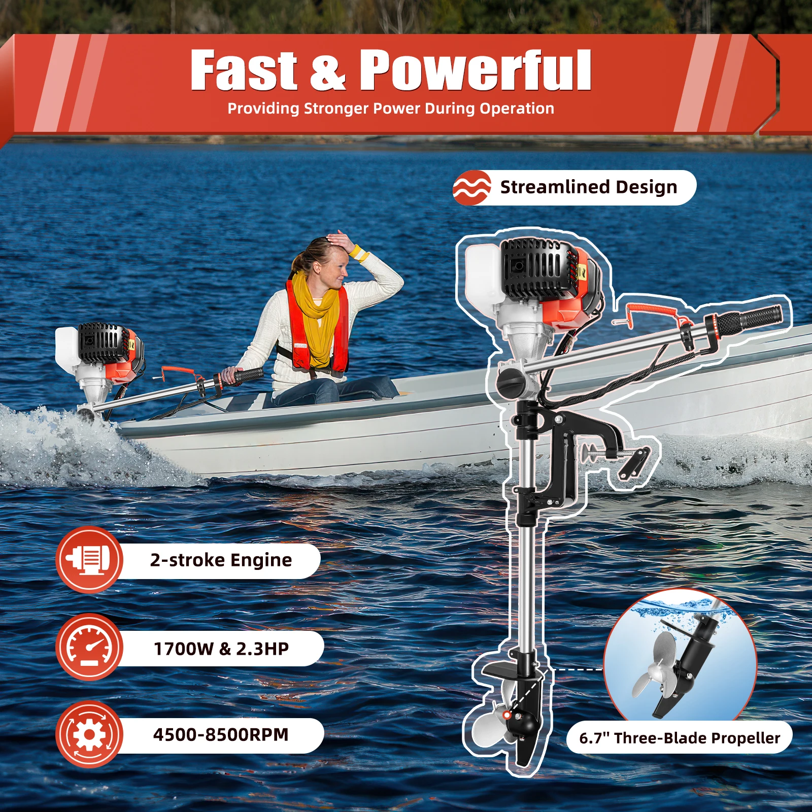 

2 Stroke 2.3 Hp High-Performance Outboard Engine with 52cc Outboard Engine CDI-System 1.7KW