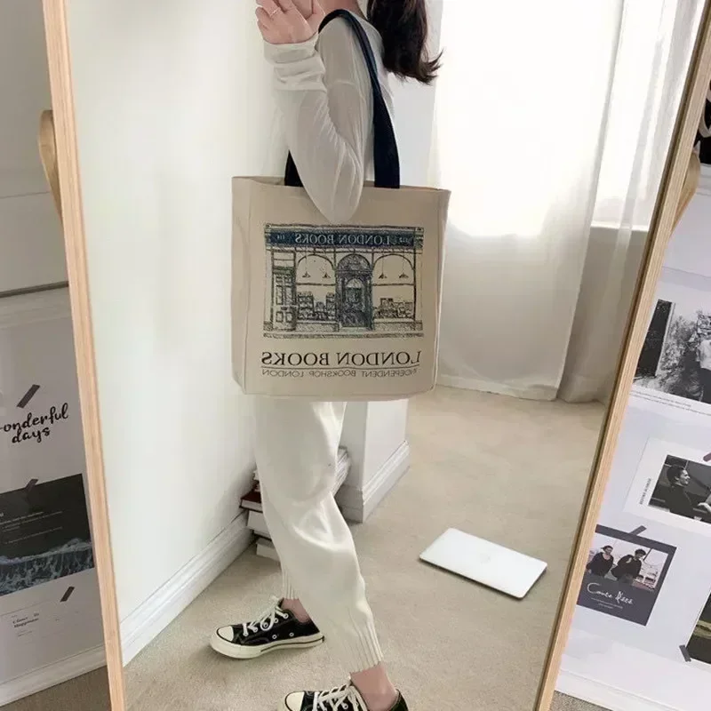 Women Canvas Shoulder Bag London Books Print Ladies Casual Handbag Tote  Reusable Large Capacity LWE2-V