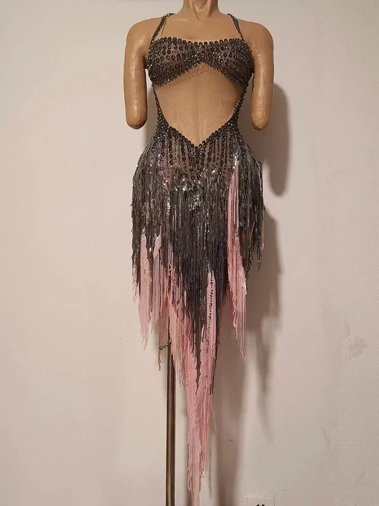 

Sexy Sleeveless blackpink Tassel Evening Dancewear mesh Dress Celebrate Catwalk Show Nightclub Performance Stage Singer Outfit