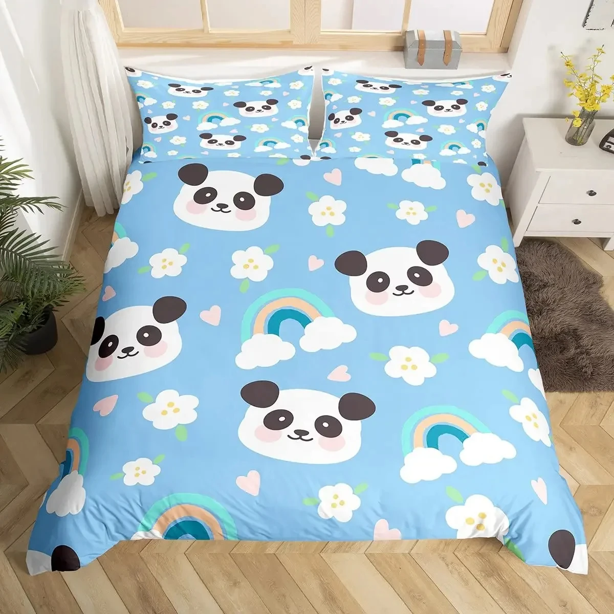 

Cute Panda Duvet Cover Set Kawaii Rainbow Cartoon Animals Bedding Set Full Microfiber White Flowers Pink Heart Comforter Cover