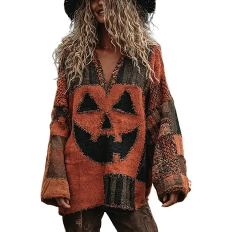 

Новый Хэллоуин, хит продаж, осенне-зимний свободный топ с v-образным вырезом, повседневный женский свитер на плечо с 3D цифровым принтом