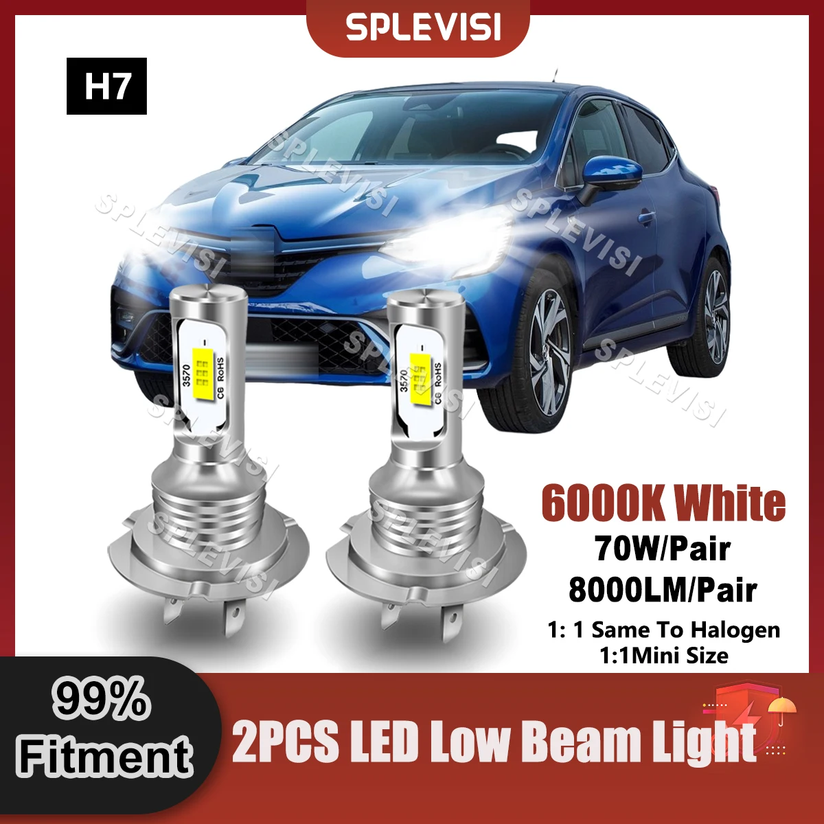 

SPLEVISI Car LED Headlight H7 Low Beam 8000LM For Renault Clio MK4 2012 2013 2014 2015 2016 2017 2018 2019 2020 2021 2022 2023