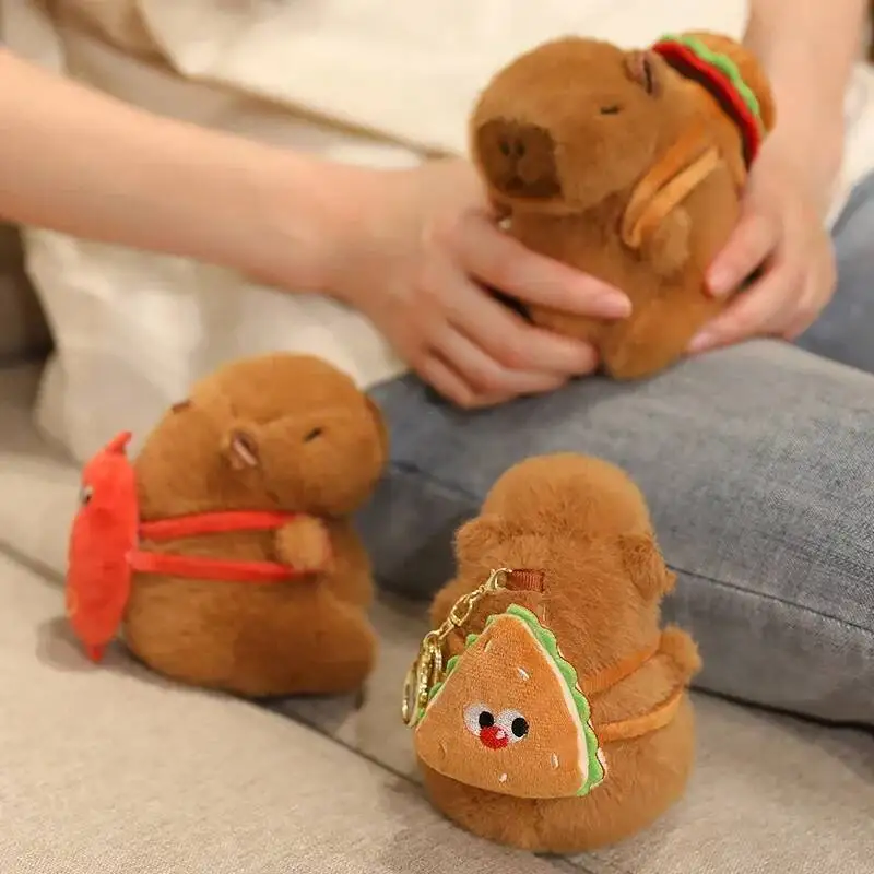 코스프레 셰프 카피바라 봉제인형, 햄버거 모양 모래와 감자튀김 음식 인형이 있는 카피바라 인형, 정교한 펜던트 키체인