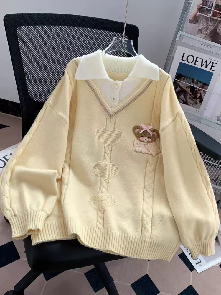Two Pieces Patchwork Grunge Sweaters Y2k Aesthetic Love Loose Casual Pullovers Cartoon Embroidery Women Harajuku Jumpers