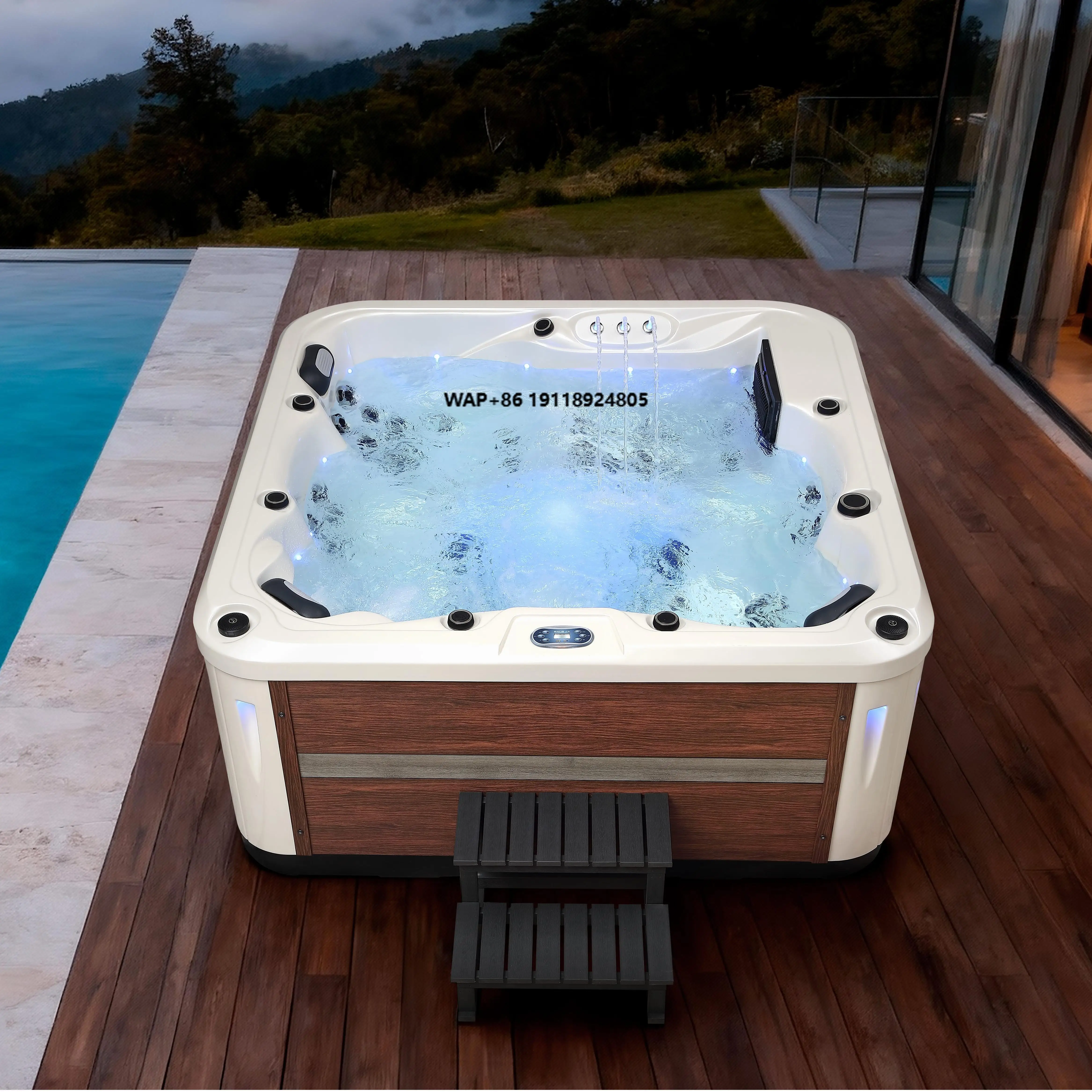 Modern 6-Person Outdoor Acrylic & Wood Spa Bathtub with Soaking Function Freestanding Design for Villa Use