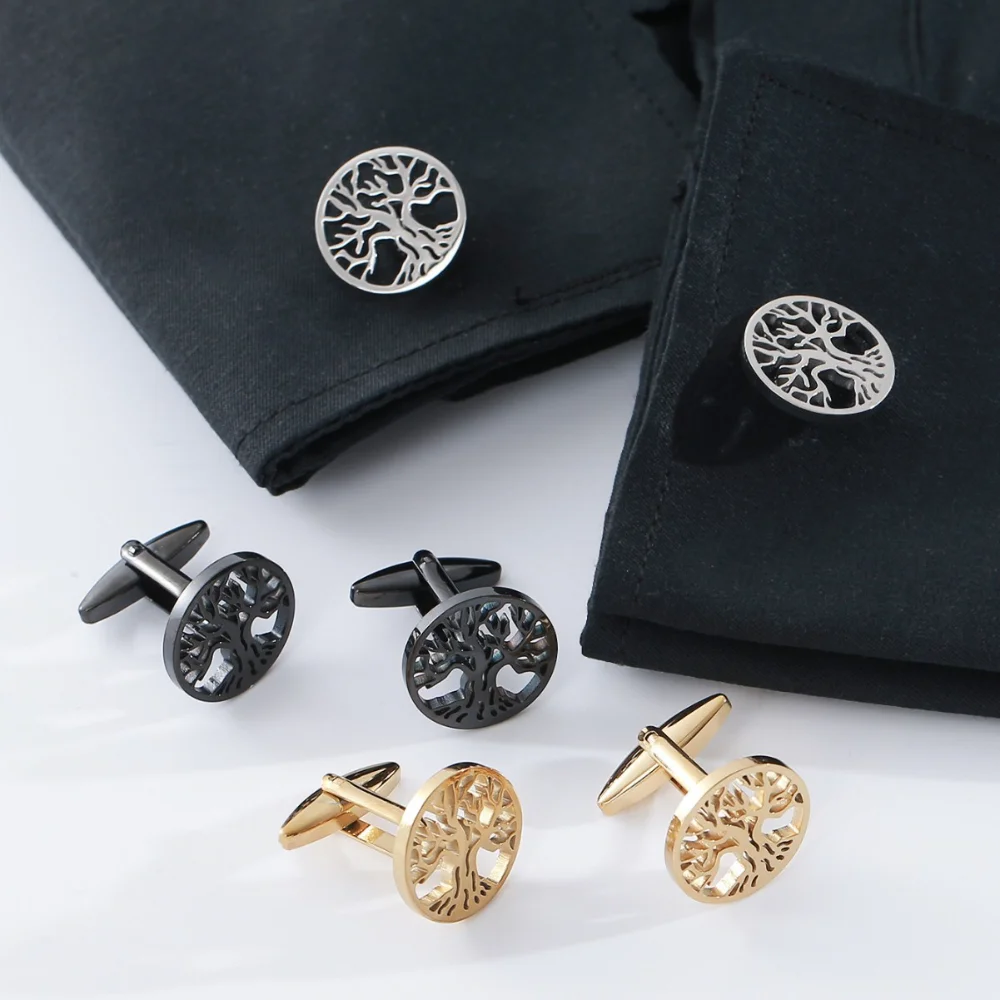 Men's Tree of Life Cufflinks Hollow Round Metal Cuff Links Shirt Sleeve Buttons Business Wedding Groom Suit Jewelry Gift for Men