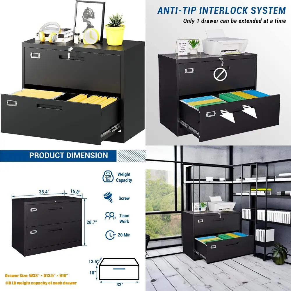 Duża metalowa szafka na dokumenty z 2 szufladami i zamkiem, zamykana szafka do przechowywania dokumentów w biurze domowym, szafka na dokumenty formatu Letter.