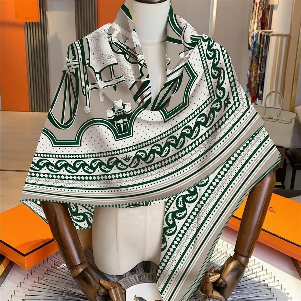 30% Silk 70% Cashmere Scarf Women Hand Rolled Carriage Wheel Square Scarves Wraps Bandana Big Hijabs Female Foulard 135CM