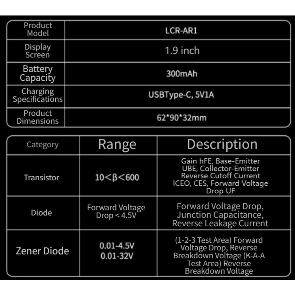 LCR AR1 Metal Transistor Tester for Diode For Capacitor Resistor MOSFET NPN PNP Inductor with 1.9 inch Display