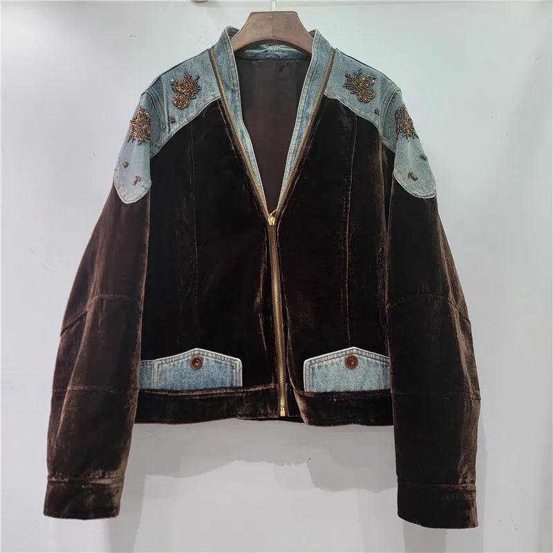 

Blouse Jacket Women's Autumn Retro Velvet Patchwork Color-blocking Designer Beaded Embroidered Denim Comfortable Casual Niche