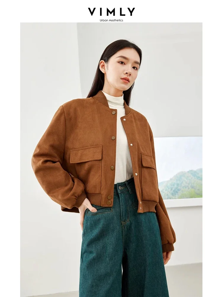 Vimly Coffee Stand Collar Cropped Baseball Jacket 2023 Winter Straight Thick Long Sleeve Quilted Coat New in Outerwears 16525