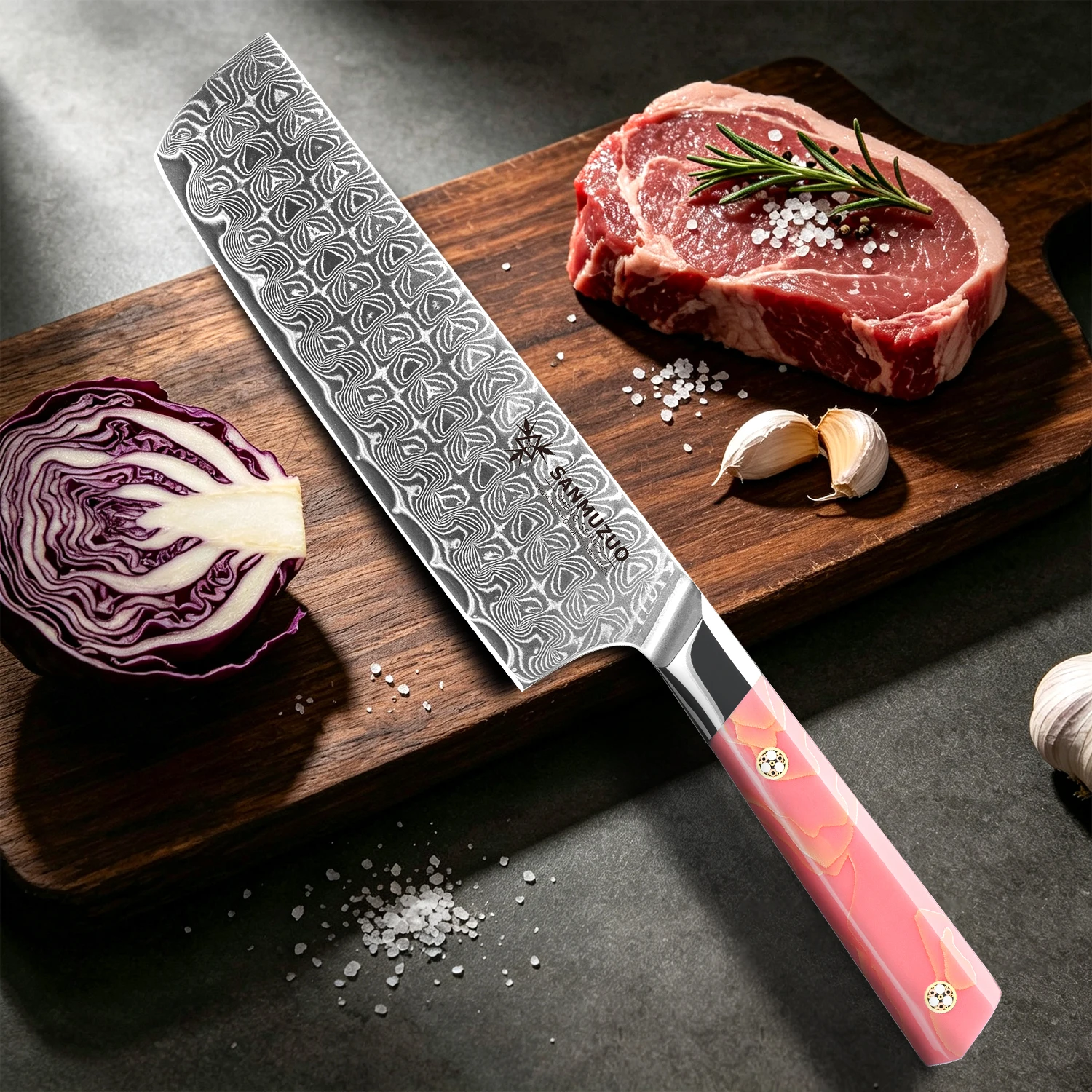 SANMUZUO 7 Inch Nakiri Knife - Damascus Powder Stee Cleaver with Comfort Resin Handle - Professional Kitchen Cooking Knife - SHENG Series