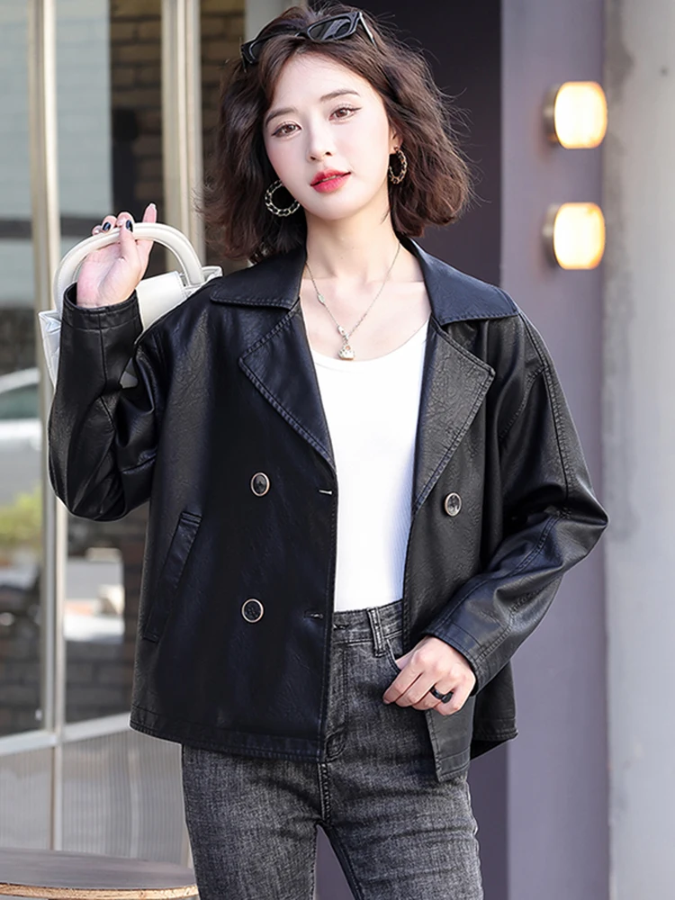 Veste en cuir véritable pour femmes, coupe ample, col de costume slim, veste en peau de mouton, costume de moto décontracté, nouveau modèle 2025