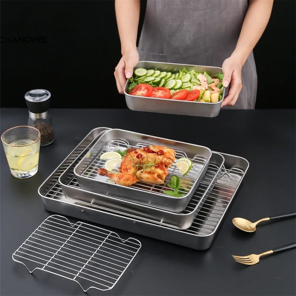 Premium Stainless Steel Baking Pan Tray and Cooling Rack Set Sleek Mirror Finish Effortless Cleaning and Storage Solution