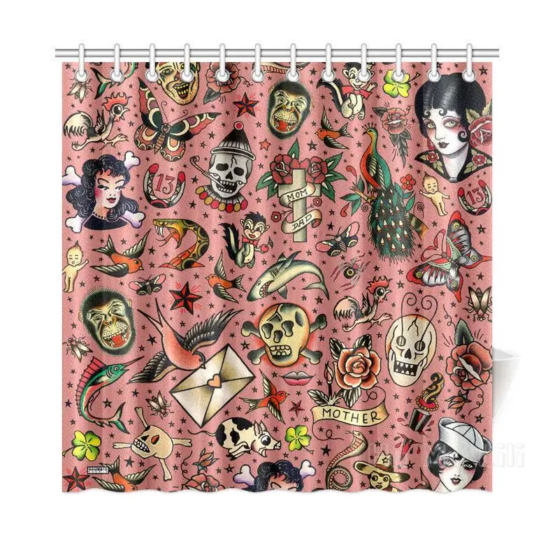 Old School Tattoo Vintage Flash Novelty Shower Curtain Gray White Or Rose Background