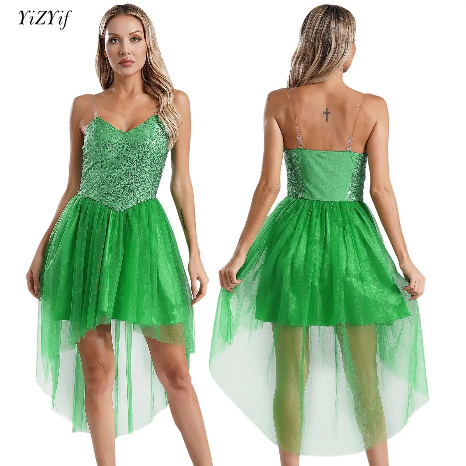 

Womens Halloween Fairy Elf Dress Cosplay Costume V Neck Sleeveless Sequin Mesh Tulle Dress for Funny Masquerade Dress-up Party