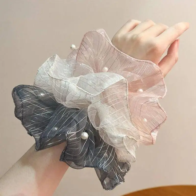 Elegant Faux Pearl Ruffled Edge Hair Tie Durable Elastic Ponytail Holder for Wedding Bridal Party Flower Girls
