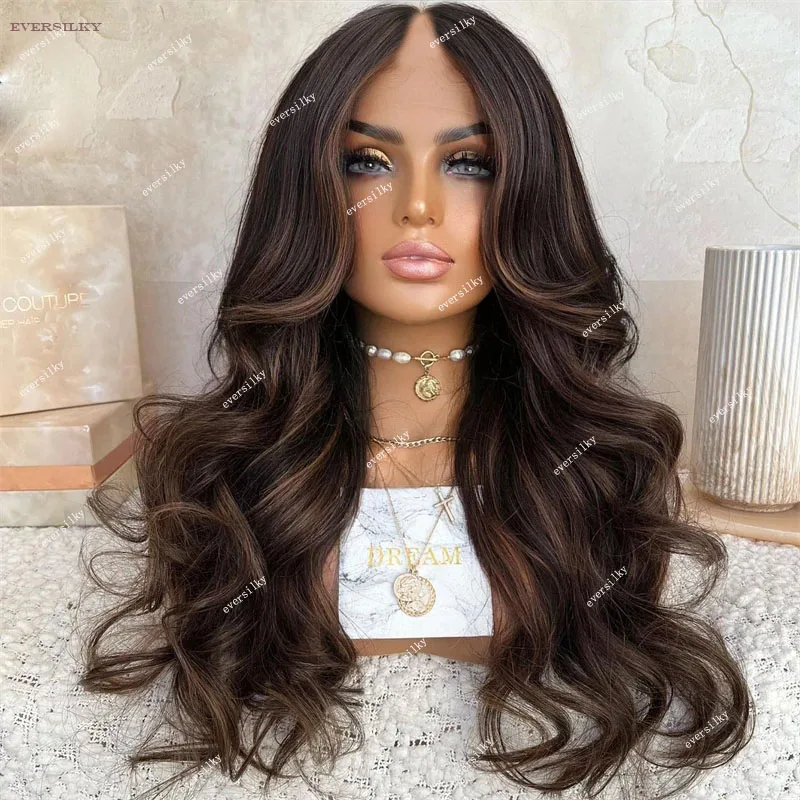 

Highlight Chestnut Blonde Brown V Part Wig 100% Human Hair Wig Loose Wavy Ombre Chocolate U Shape Wigs Remy Full End 250Density