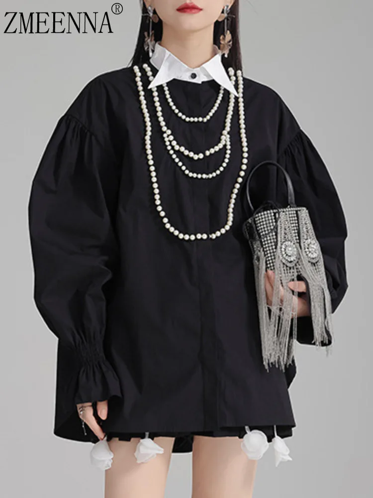 

ZMEENNA Womens Black Loose Fit Blouse Top Long Puff Sleeve Stand Collar Oversized Shirt Elegant Casual Fashion ZM4625