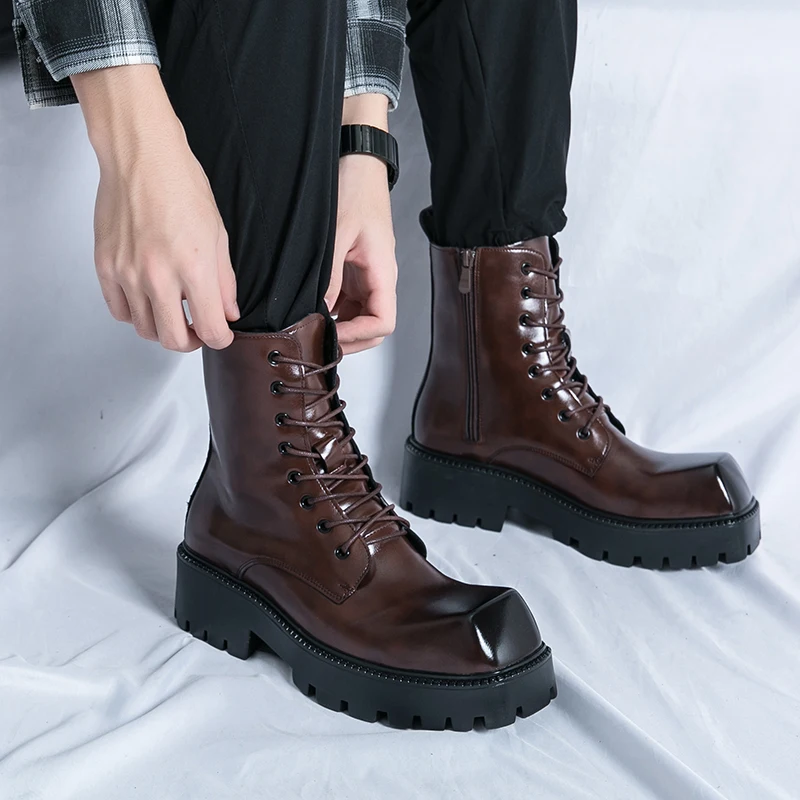 Fashion Korean Version Men's Classic Thick Soled Non Slip Comfortable High Top Boots Autumn Lace Up Business Casual Leather Boot