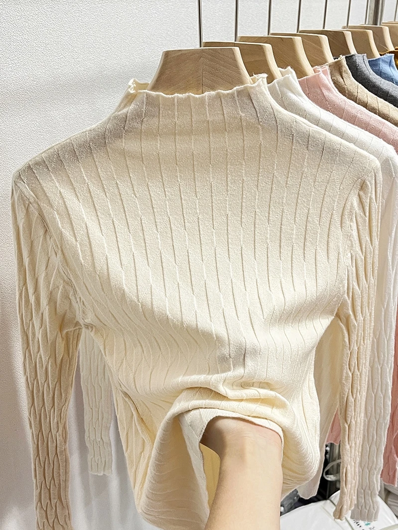 

2024 Spring Autumn Women New Long-sleeved Knitted Tops Female Half-high Collar Sweater Tops Ladies Slim Solid Color Jumpers V85