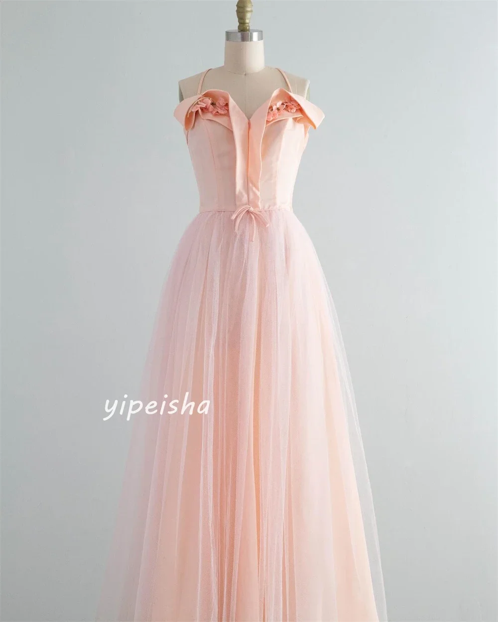 Vestido largo personalizado de tul con flores y pliegues para fiesta de boda, corte en A, cuello en V, ocasión a medida