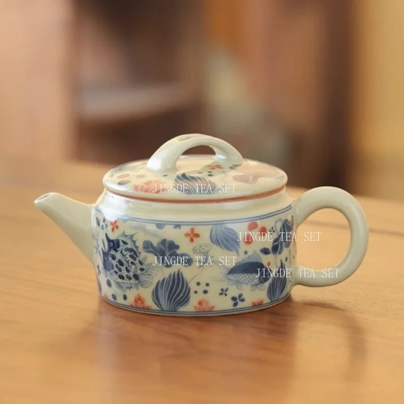 Antique Han Tile Teapot Blue and White Glazed Ceramic Household Tea Pot Chinese Lotus Pond Moonlight Teapot Underglaze Color