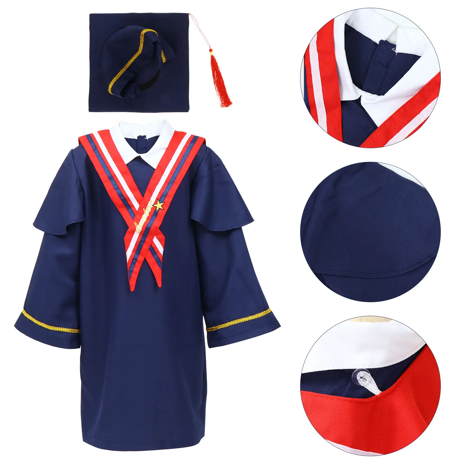 

Bachelor Gown Children Graduation Dress Formal Polyester Thick Fabric Comfortable School Stage Costume Party Set for Kids