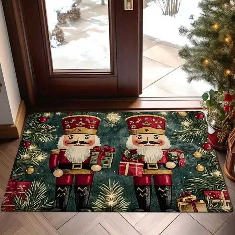 VIKAMA Nutcracker Soldier Doormat Dark Green Christmas Welcome Mat Gifts Pine Branches Entryway Rug Front Porch Decor