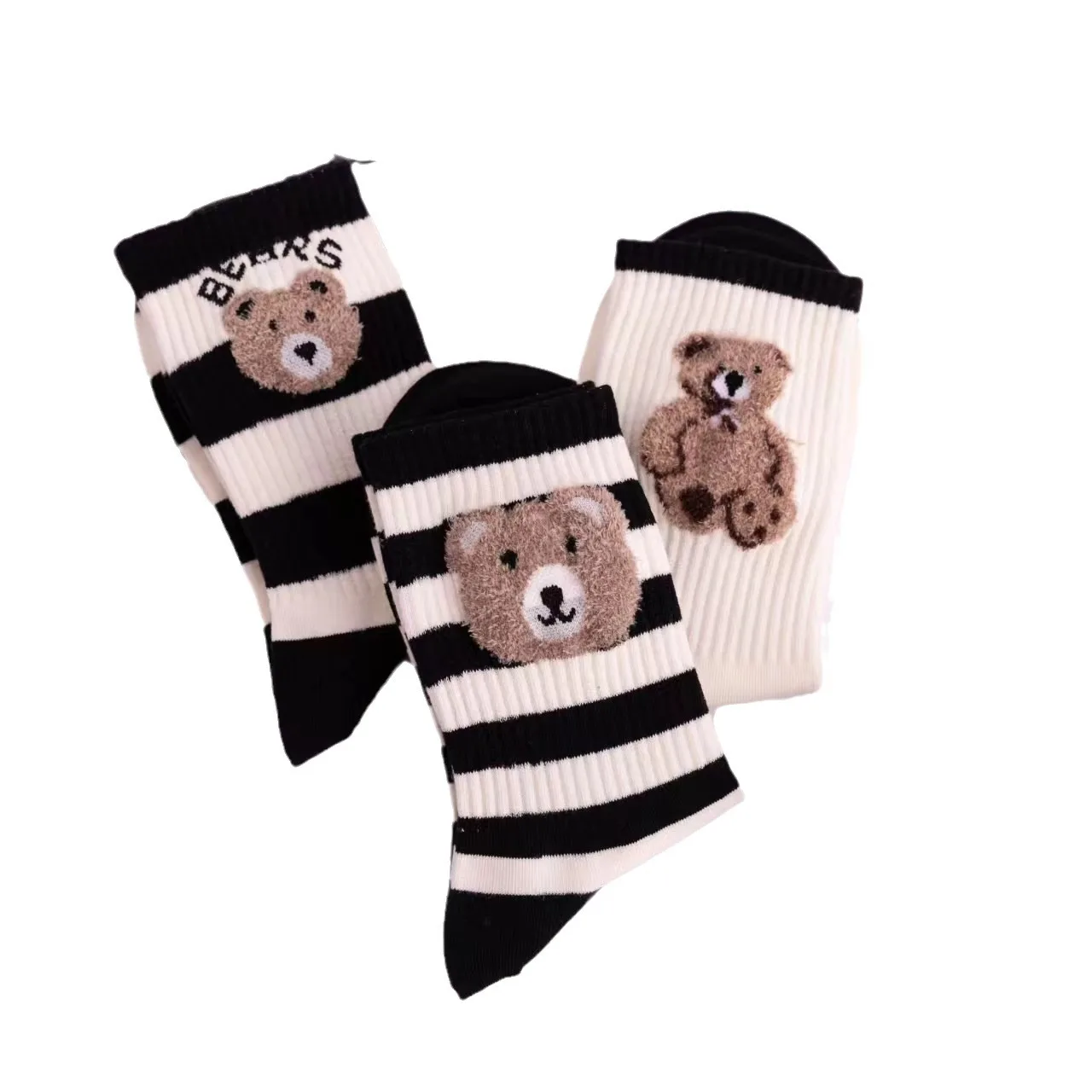 5 paia di calzini da donna 1 Set di cotone primavera autunno inverno caldo tubo centrale Cartoon Bear bianco nero stile coreano calzini a righe Pack