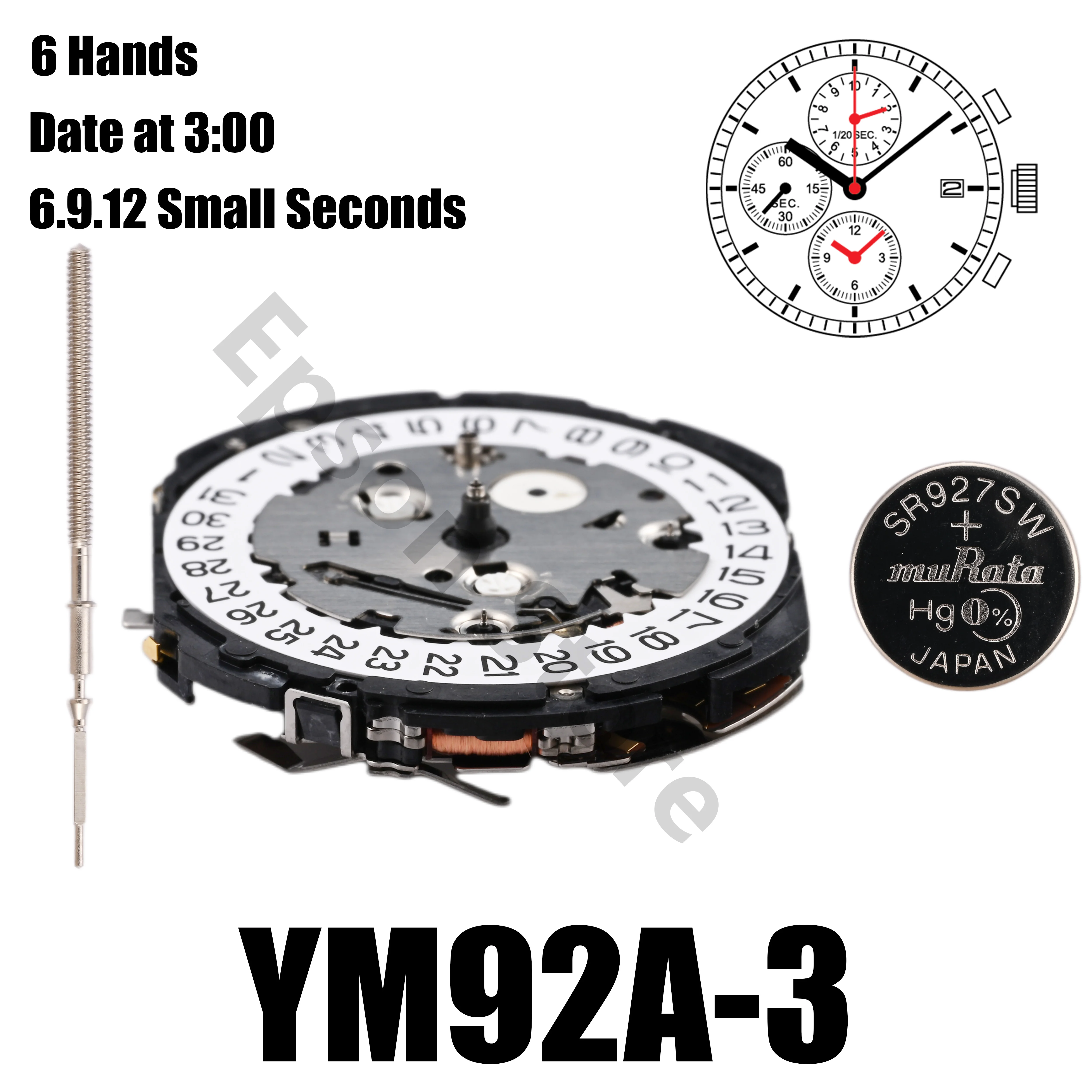 YM92 Movement YM92A Movement 6 Hands 6:00/9:00/12:00 Small Seconds Size : 12\'\'\'Height: 3.70mm 1/20 Sec. Chronograph