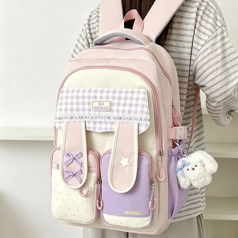 New Lace Detail Bunny Ear Backpack Large Capacity Bunny Ear Student Backpack Lightweight Sweet Style Travel Bag School Supplies