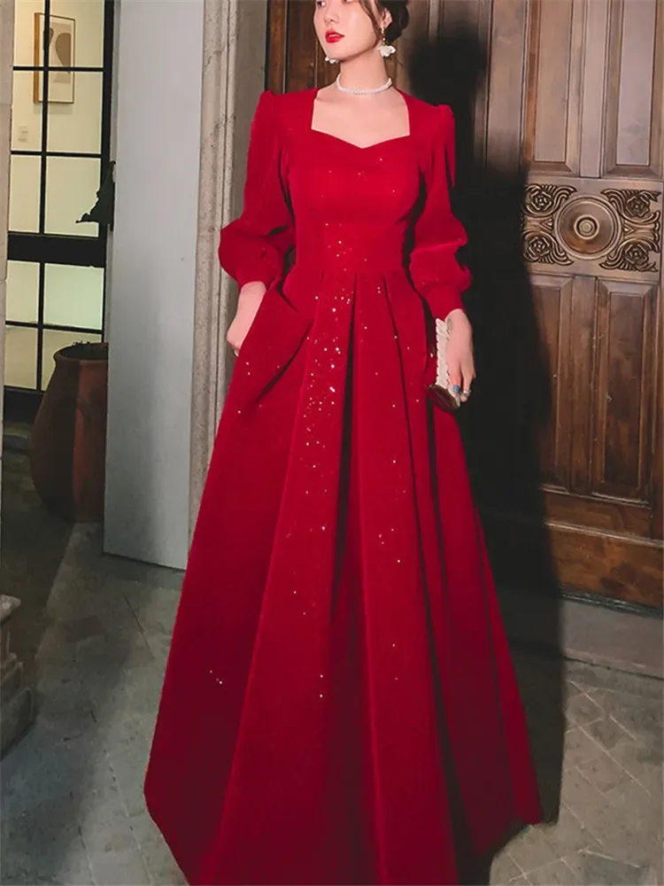 

Temperament Dress Women's Solid Color Spring Autumn New Square Collar Long-sleeved A-line Long Skirt Fashion Female Clothing 245