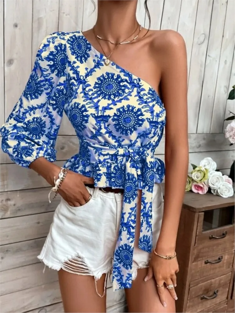 Women's Summer New Fashionable Mandala Printed Single Shoulder Lantern Sleeve With Ruffle Hem Strap Shirt Strap Top