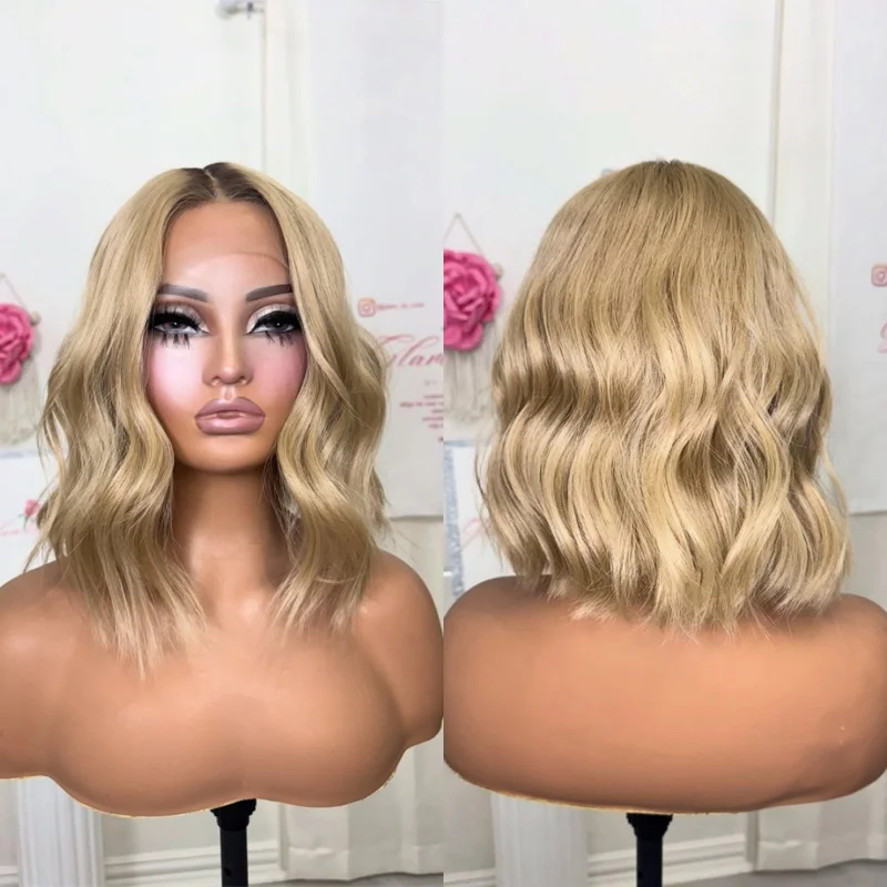 

12-дюймовый короткий волнистый боб с натуральными темными корнями Ombre Golden Blonde HD Прозрачный парик фронта шнурка Женский парик Высококачественный парик