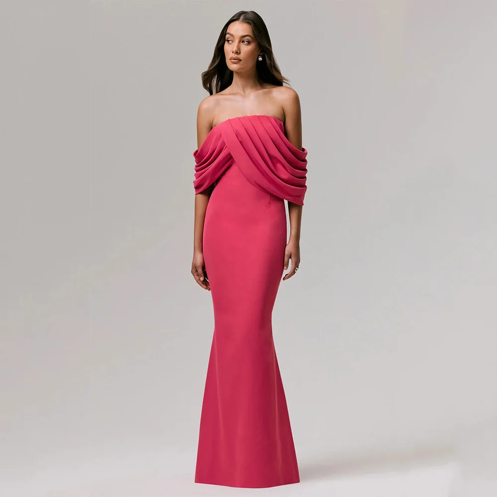 Robes De Soirée simples roses personnalisées, en Jersey, longueur au sol, épaules dénudées, robe De bal plissée droite
