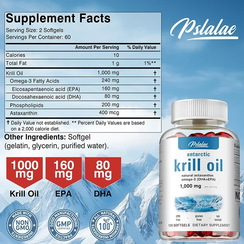Antarctic Krill Oil Capsules - Contains Natural Astaxanthin, Supports Immune System & Brain Health, Promotes Cognitive Function