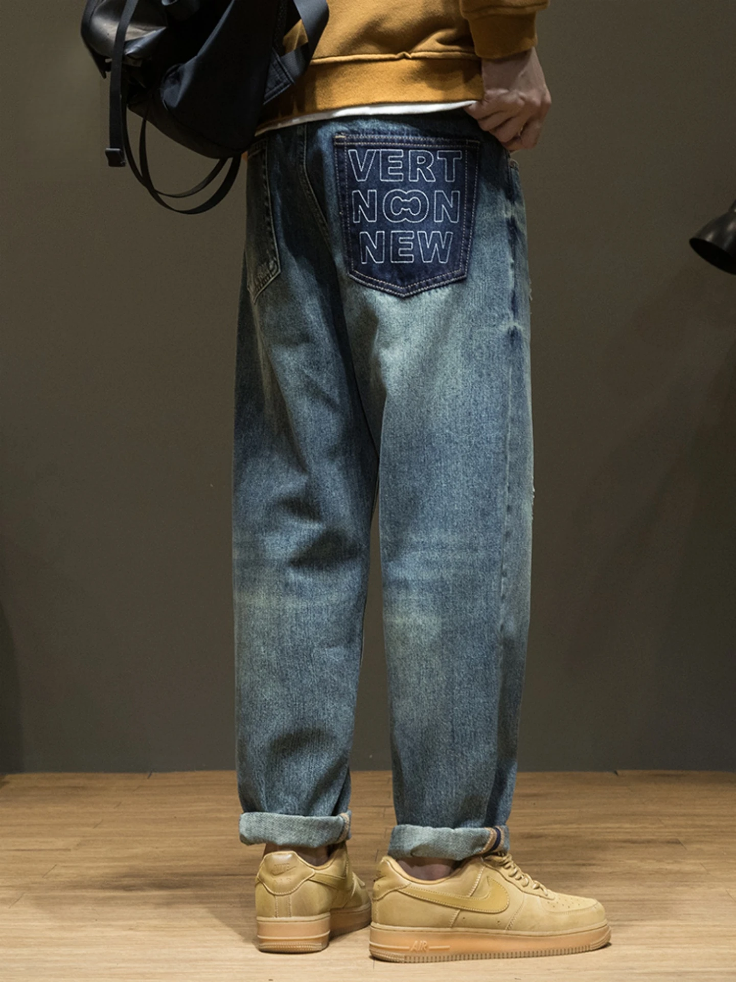 

Мужские джинсы в стиле ретро, прямые, с модной вышивкой и пэчворком, свободные, повседневные, широкие, длинные брюки для весны и осени