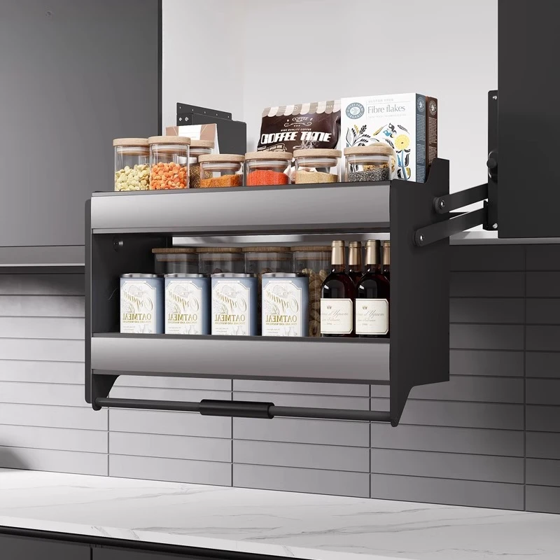 

Hanging cabinet pull basket Kitchen cabinet Storage basket Double layer Wall cabinet Lift Seasoning drop basket Double damping