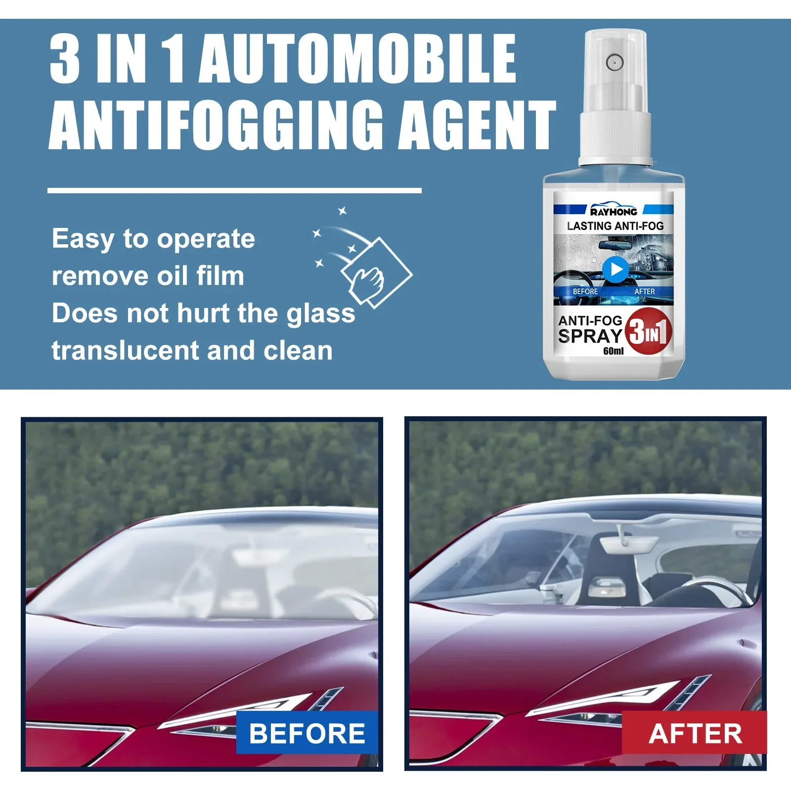 3-in-1 60ml Anti-fog Agent Auto Defogger Agent Spray Car Window Windshield Glasses Cleaner Antifogging Agent