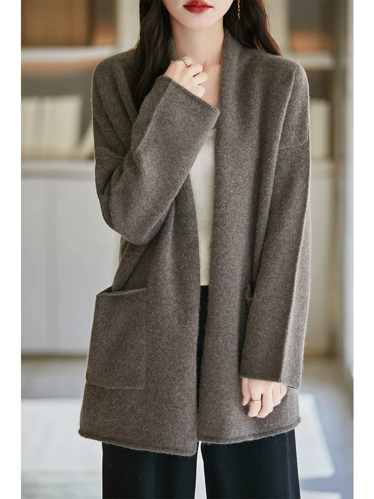 Aliselect Jaket Rajutan Fashion Wanita Sweter Saku Kerah V Lengan Panjang Musim Semi Musim Gugur Musim Dingin Atasan Kardigan Wol Merino 100%